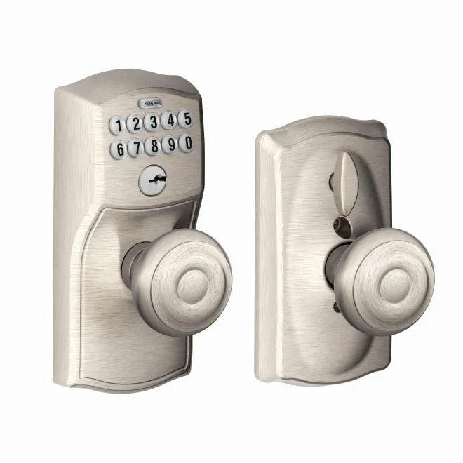 Schlage Electronic Keypad Knob with Camelot Trim and Georgian Knob With Flex Lock in Satin Nickel finish