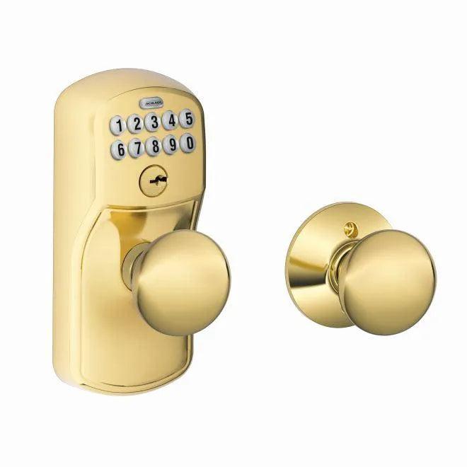 Schlage Electronic Keypad Knob with Plymouth Trim and Plymouth Knob with Auto Lock Lifetime Brass