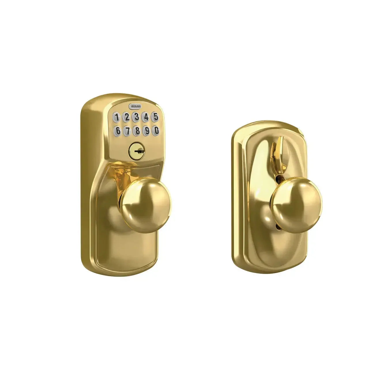 Schlage Electronic Keypad Knob with Plymouth Trim and Plymouth Knob with Flex Lock in Lifetime Brass finish