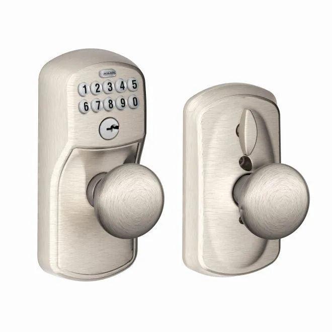 Schlage Electronic Keypad Knob with Plymouth Trim and Plymouth Knob with Flex Lock Satin Nickel
