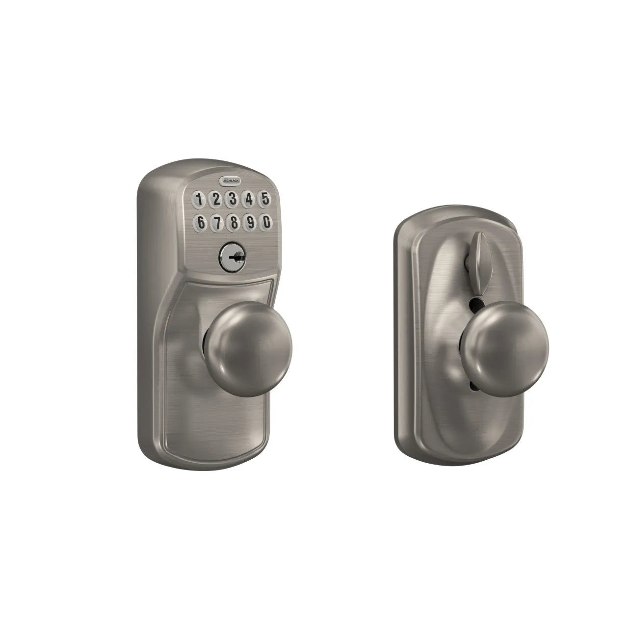 SchlageSchlage Electronic Keypad Knob with Plymouth Trim and Plymouth Knob with Flex Lock in Satin Nickel