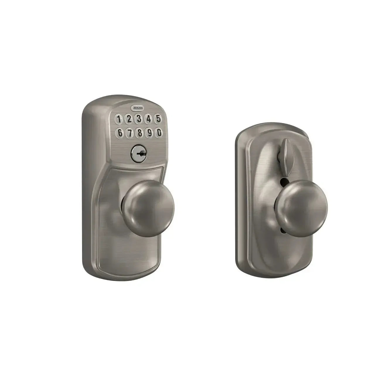 Schlage Electronic Keypad Knob with Plymouth Trim and Plymouth Knob with Flex Lock in Satin Nickel finish