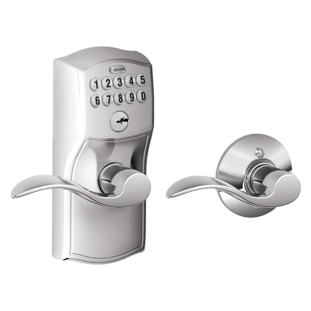 Schlage Electronic Keypad Lever with Camelot Trim and Accent Lever with Auto Lock Bright Chrome