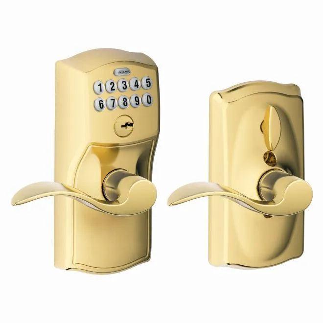 Schlage Electronic Keypad Lever with Camelot Trim and Interior Accent Lever with Flex Lock Lifetime Brass