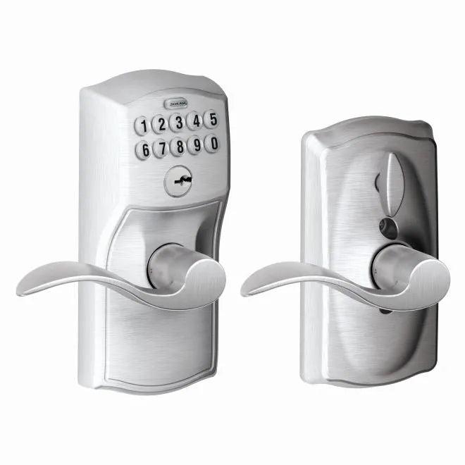 Schlage Electronic Keypad Lever with Camelot Trim and Interior Accent Lever with Flex Lock Satin Chrome