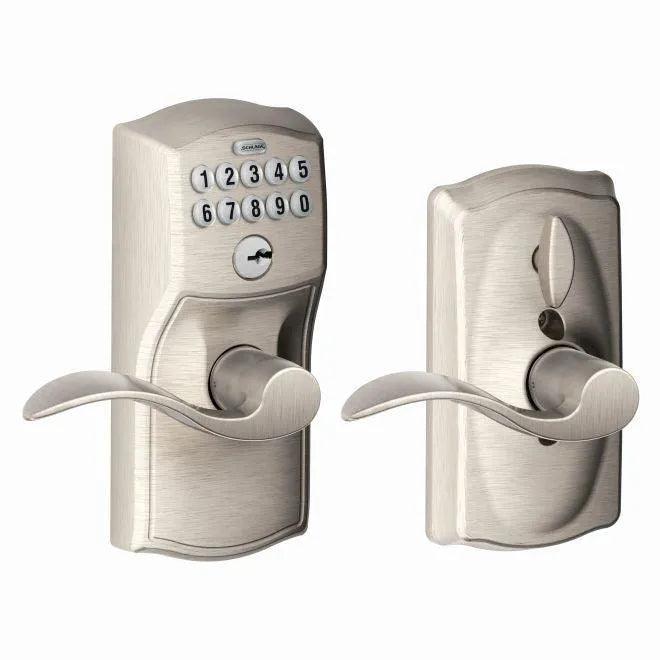 Schlage Electronic Keypad Lever with Camelot Trim and Interior Accent Lever with Flex Lock Satin Nickel