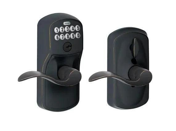 Schlage Electronic Keypad Lever with Plymouth Trim and Accent Lever with Flex Lock in Aged Bronze finish
