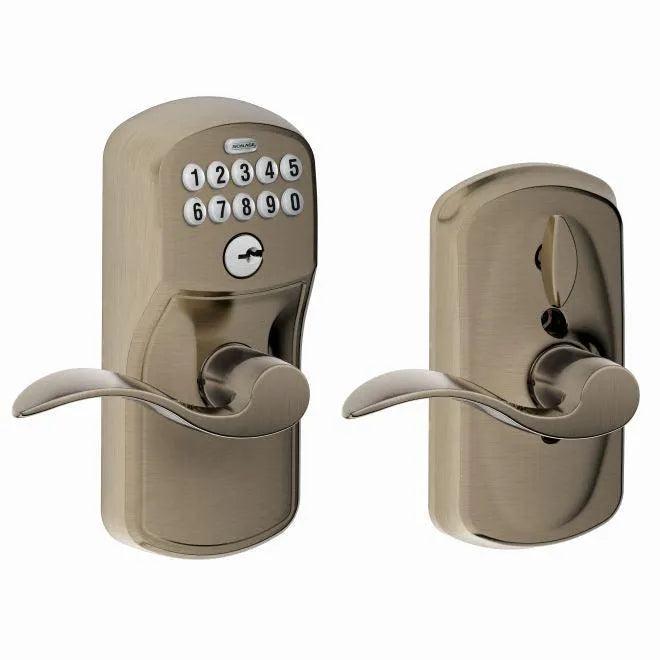 Schlage Electronic Keypad Lever with Plymouth Trim and Accent Lever with Flex Lock in Antique Pewter finish