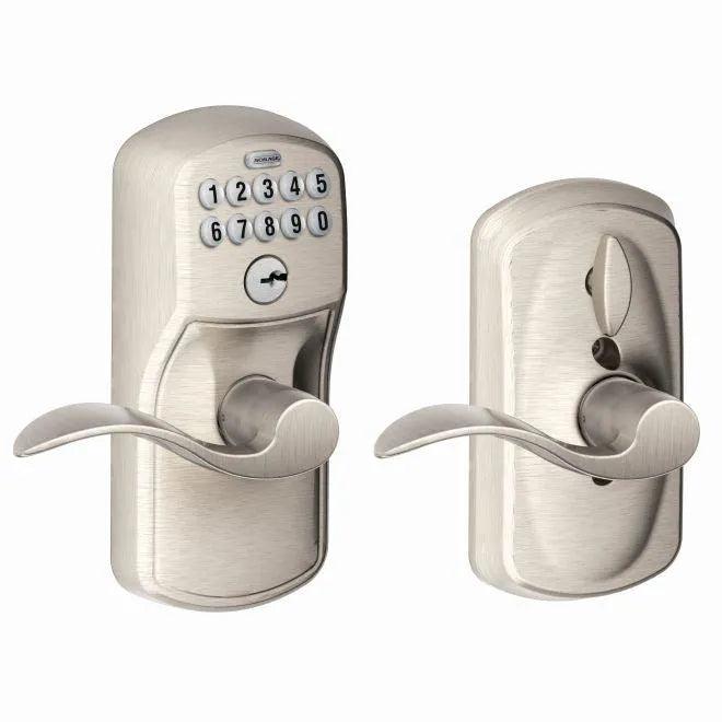 Schlage Electronic Keypad Lever with Plymouth Trim and Accent Lever with Flex Lock in Satin Nickel finish