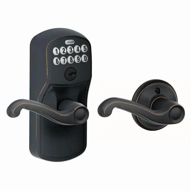 Schlage Electronic Keypad Lever with Plymouth Trim and Flair Lever with Auto Lock Aged Bronze