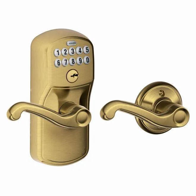 Schlage Electronic Keypad Lever with Plymouth Trim and Flair Lever with Auto Lock Antique Brass