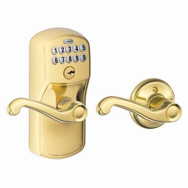 Schlage Electronic Keypad Lever with Plymouth Trim and Flair Lever with Auto Lock Lifetime Brass