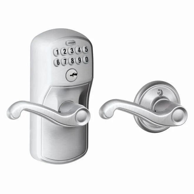 Schlage Electronic Keypad Lever with Plymouth Trim and Flair Lever with Auto Lock Satin Chrome