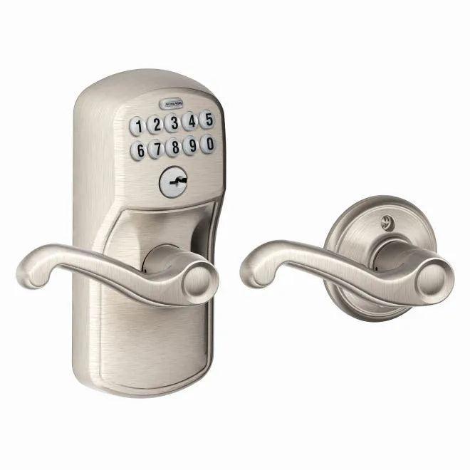 Schlage Electronic Keypad Lever with Plymouth Trim and Flair Lever with Auto Lock Satin Nickel
