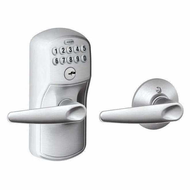 Schlage Electronic Keypad Lever with Plymouth Trim and Jazz Lever with Auto Lock Satin Chrome