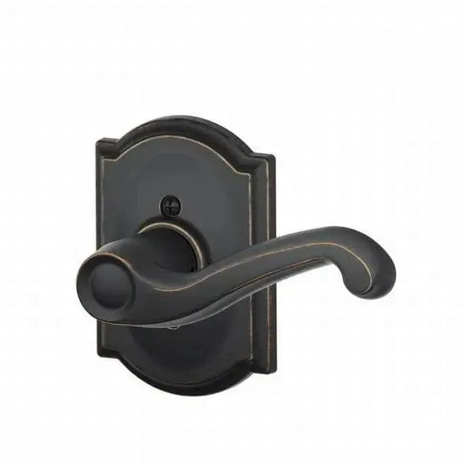 Schlage Flair Dummy Lever with Camelot Rosette Interior Trim in Aged Bronze finish