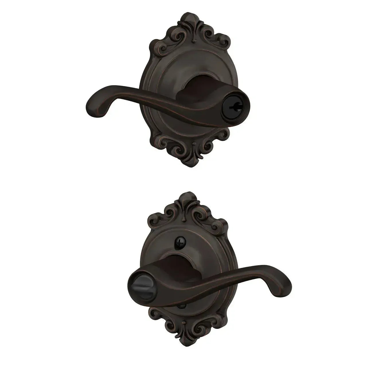 Schlage Flair Lever with Brookshire Rosette in Aged Bronze finish