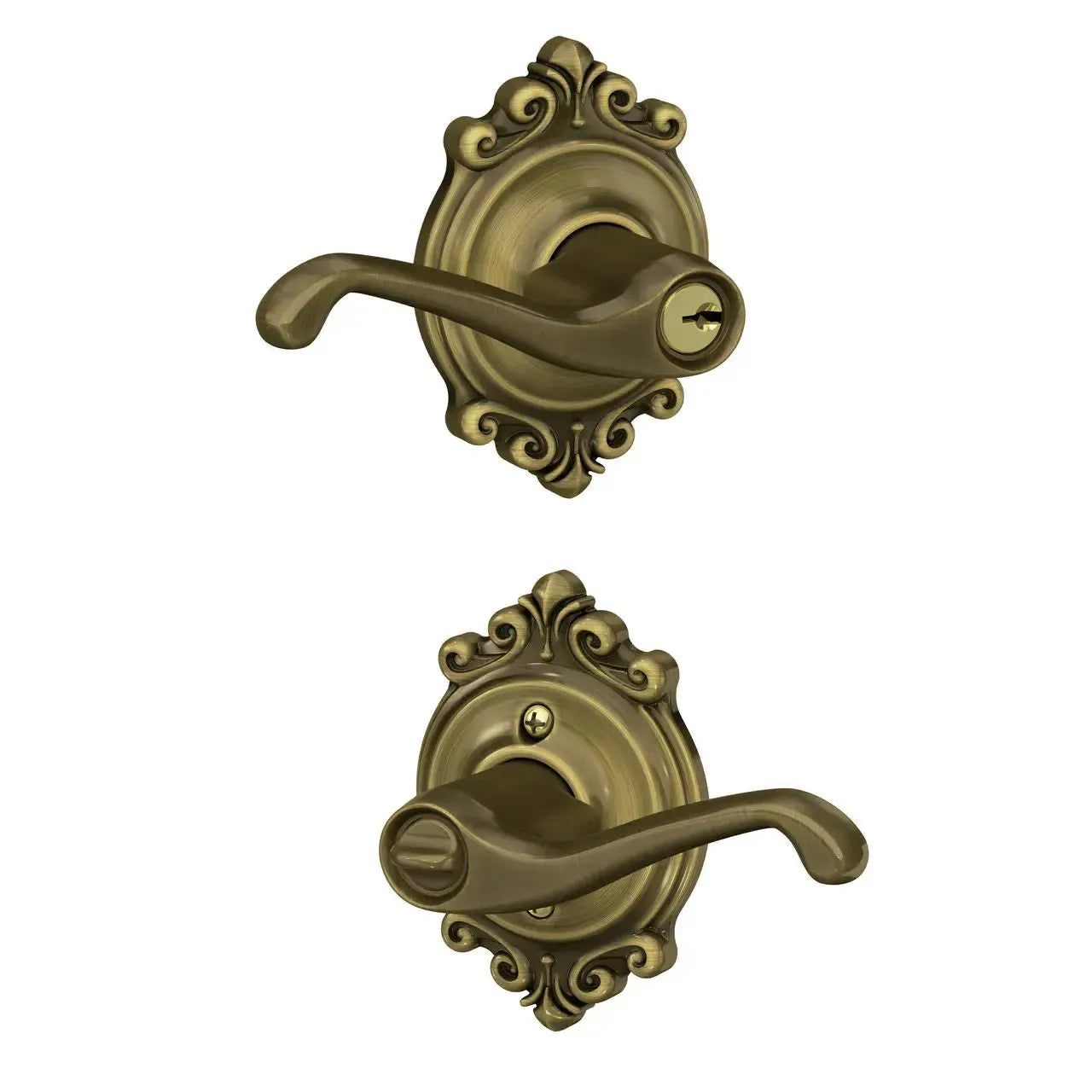 Schlage Flair Lever with Brookshire Rosette in Antique Brass finish