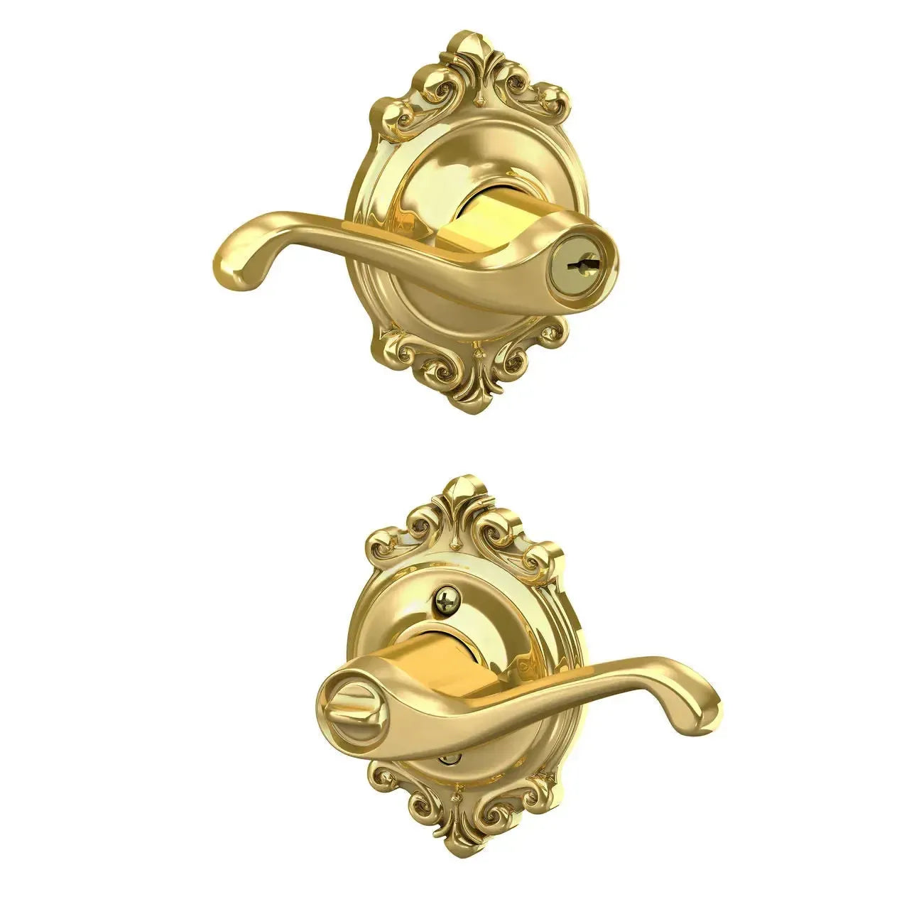 Schlage Flair Lever with Brookshire Rosette in Bright Brass finish