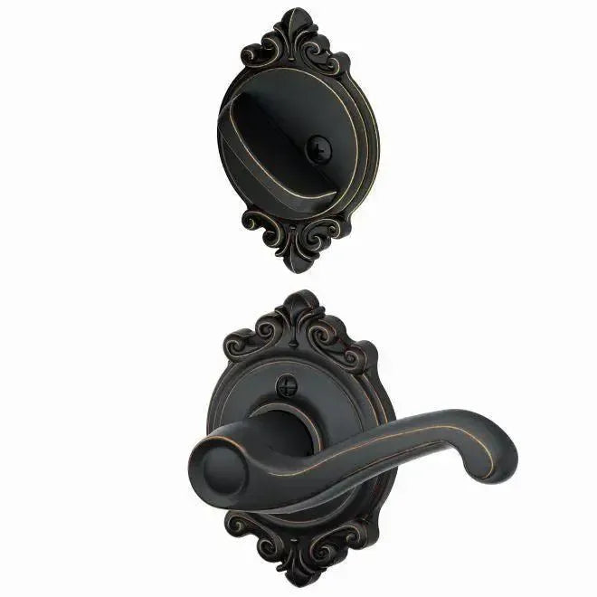 Schlage Flair Lever with Brookshire Rosette Interior Active Trim in Aged Bronze finish