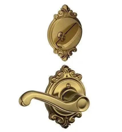 Schlage Flair Lever with Brookshire Rosette Interior Active Trim in Antique Brass finish