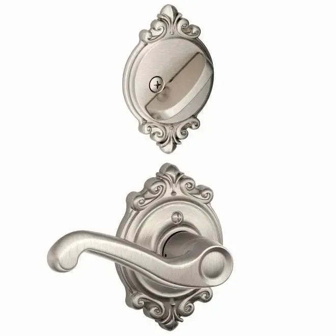 Schlage Flair Lever with Brookshire Rosette Interior Active Trim in Satin Nickel finish