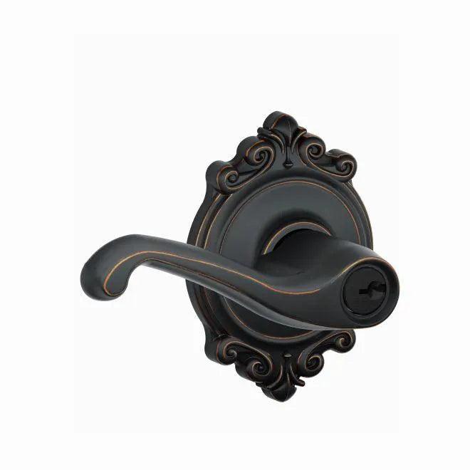 Schlage Flair Lever With Brookshire Rosette Keyed Entry Lock in Aged Bronze finish