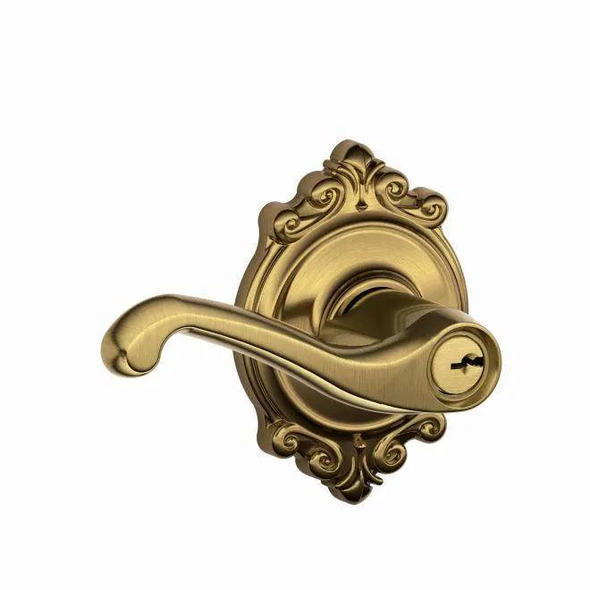 Schlage Flair Lever With Brookshire Rosette Keyed Entry Lock in Antique Brass finish
