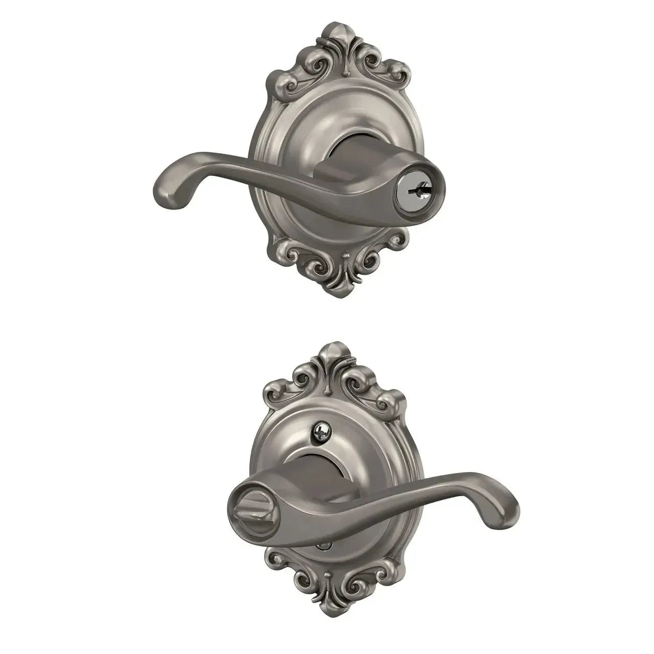 Schlage Flair Lever with Brookshire Rosette in Satin Nickel finish