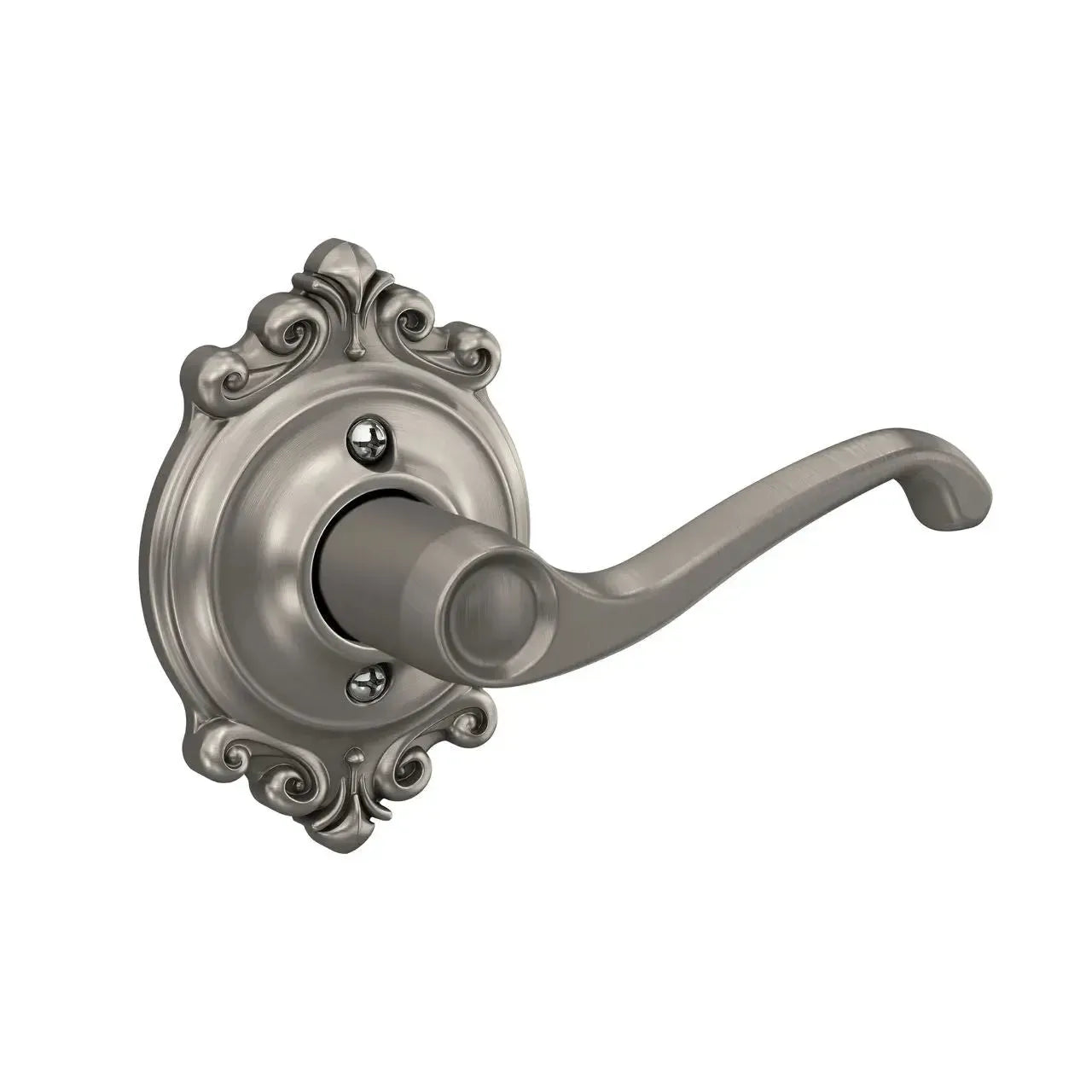 Schlage Flair Lever with Brookshire Rosette in Satin Nickel finish