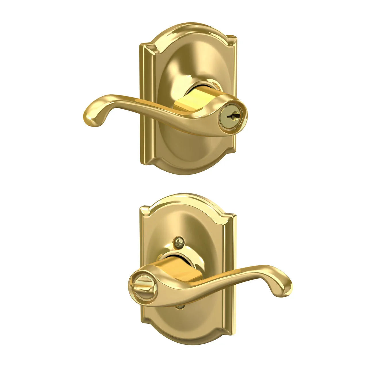 Schlage Flair Lever with Camelot Rosette Bright Brass