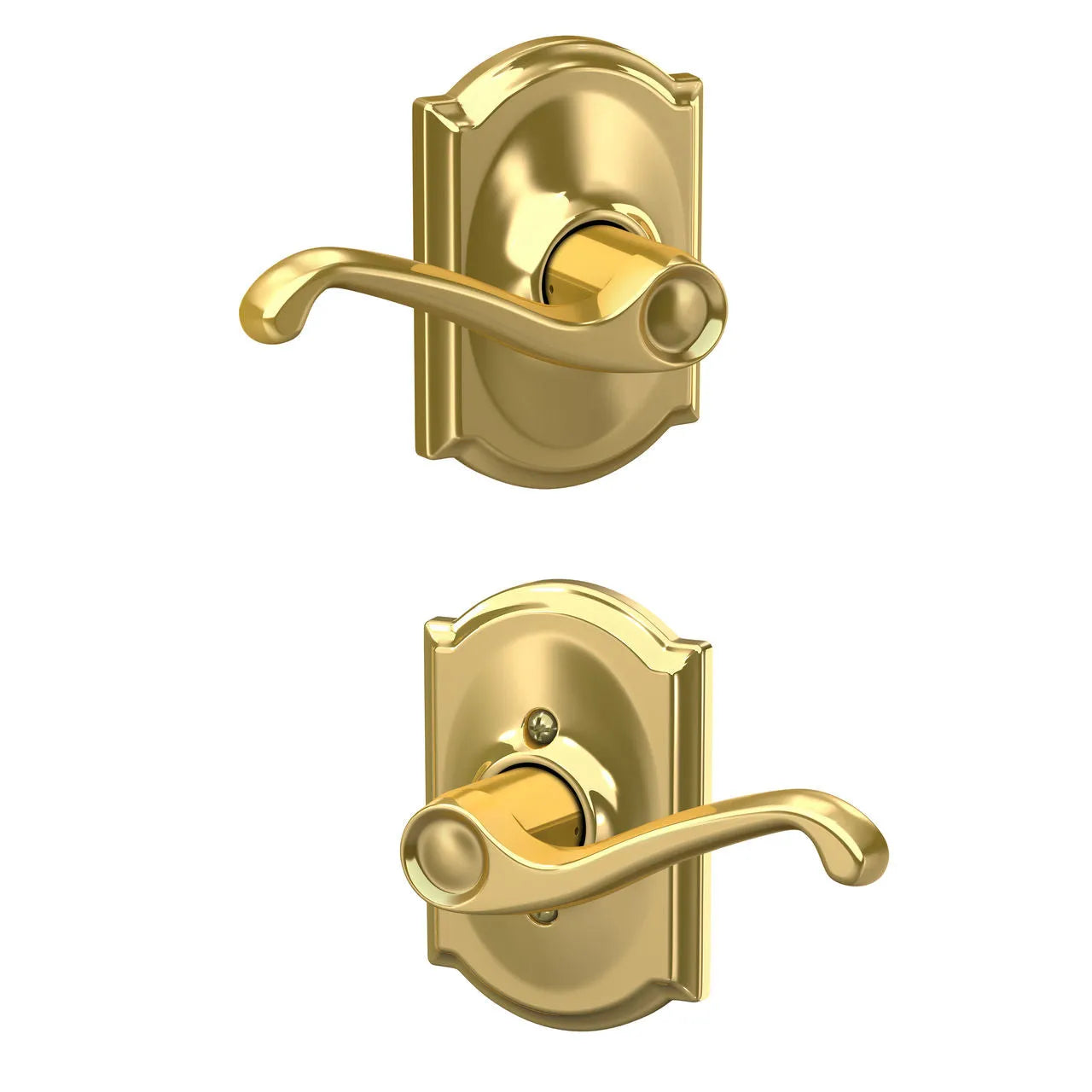 Schlage Flair Lever with Camelot Rosette Bright Brass