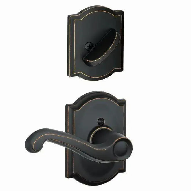 Schlage Flair Lever with Camelot Rosette Interior Active Trim in Aged Bronze finish