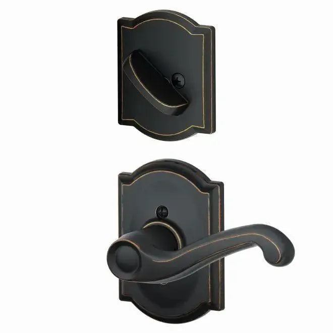Schlage Flair Lever with Camelot Rosette Interior Active Trim in Aged Bronze finish