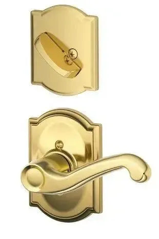 Schlage Flair Lever with Camelot Rosette Interior Active Trim in Bright Brass finish