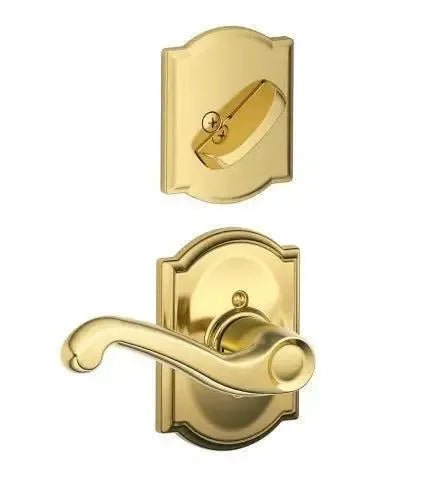 Schlage Flair Lever with Camelot Rosette Interior Active Trim in Bright Brass finish