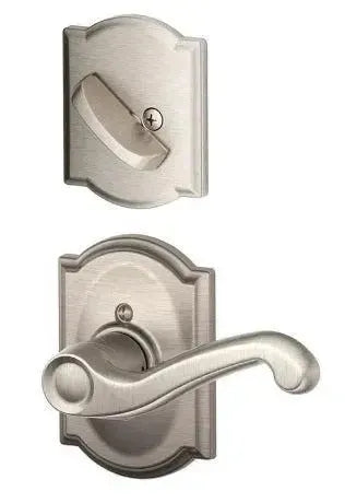 Schlage Flair Lever with Camelot Rosette Interior Active Trim in Satin Nickel finish
