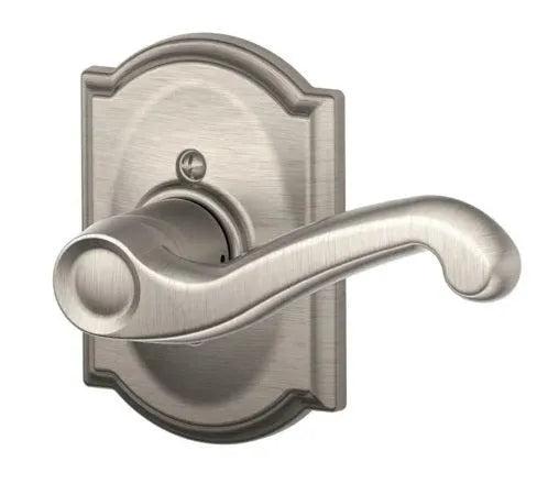 Schlage Flair Lever with Camelot Rosette Satin Nickel
