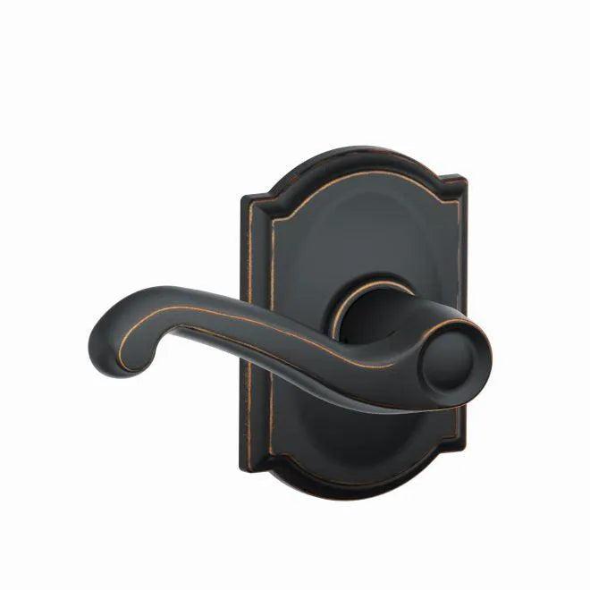 Schlage Flair Passage Lever With Camelot Rosette in Aged Bronze finish