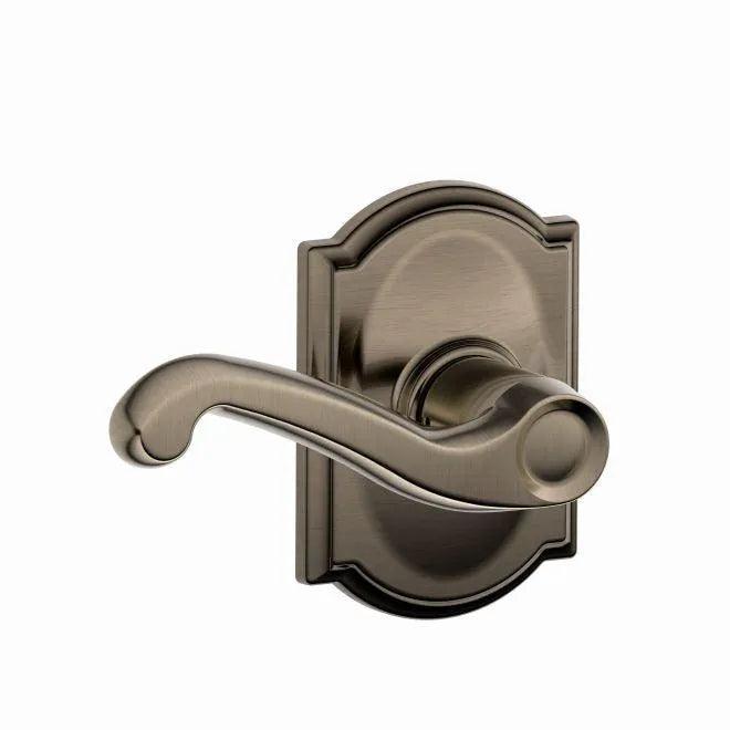 Schlage Flair Passage Lever With Camelot Rosette in Antique Pewter finish