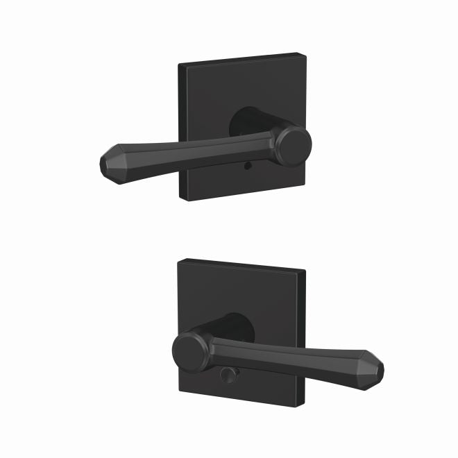The Schlage Custom Dempsey Passage and Privacy Lever With Collins Rosette in Flat Black finish