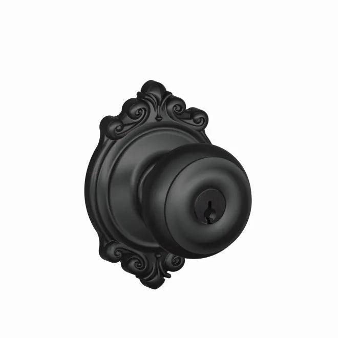 Schlage Georgian Knob With Brookshire Rosette Keyed Entry Lock Flat Black