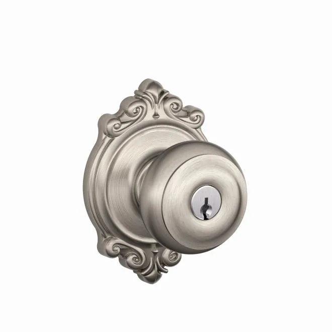 Schlage Georgian Knob With Brookshire Rosette Keyed Entry Lock Satin Nickel