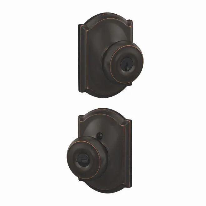 Schlage Georgian Knob With Camelot Rosette Keyed Entry Lock Aged Bronze