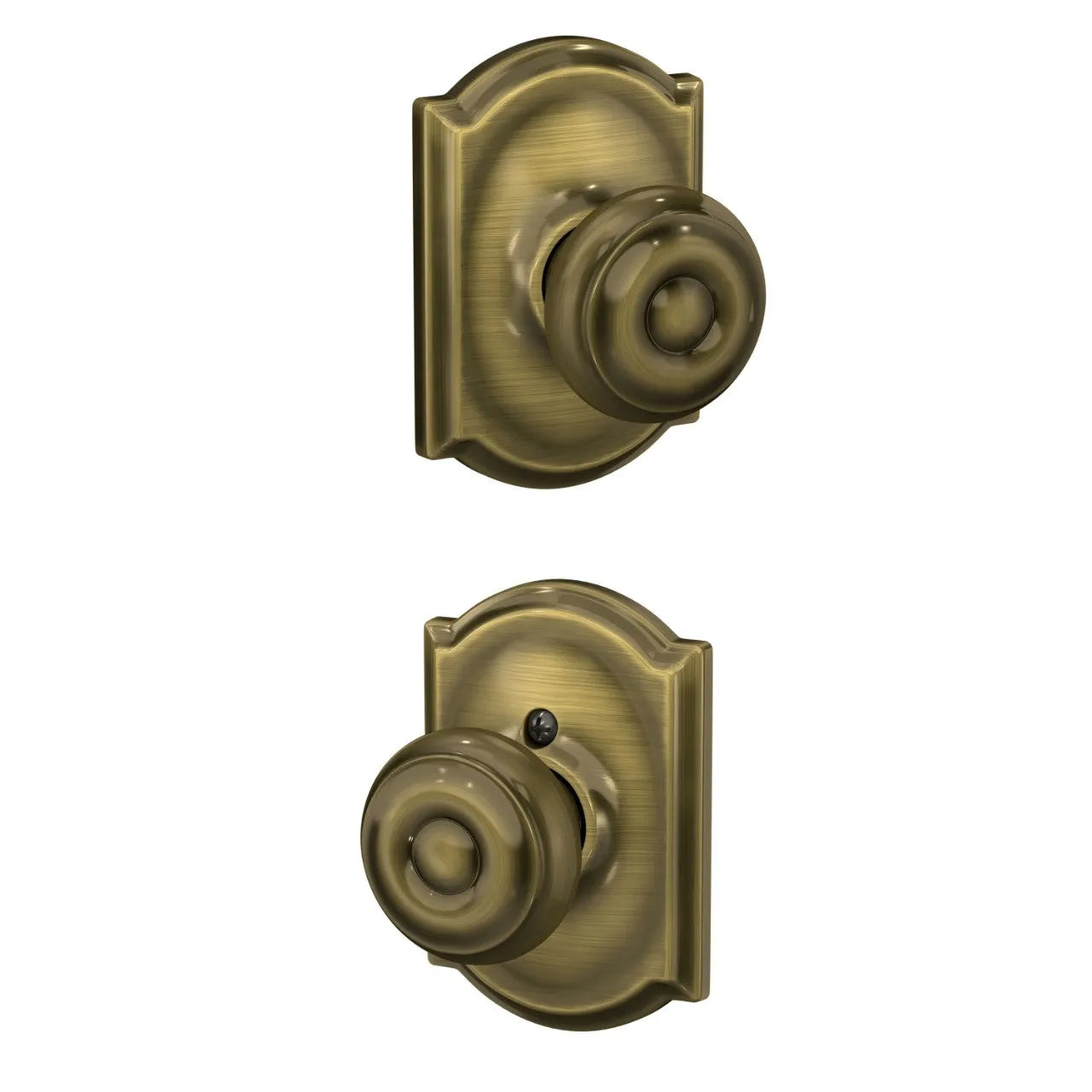 Schlage Georgian Knob with Camelot Rosette Antique Brass