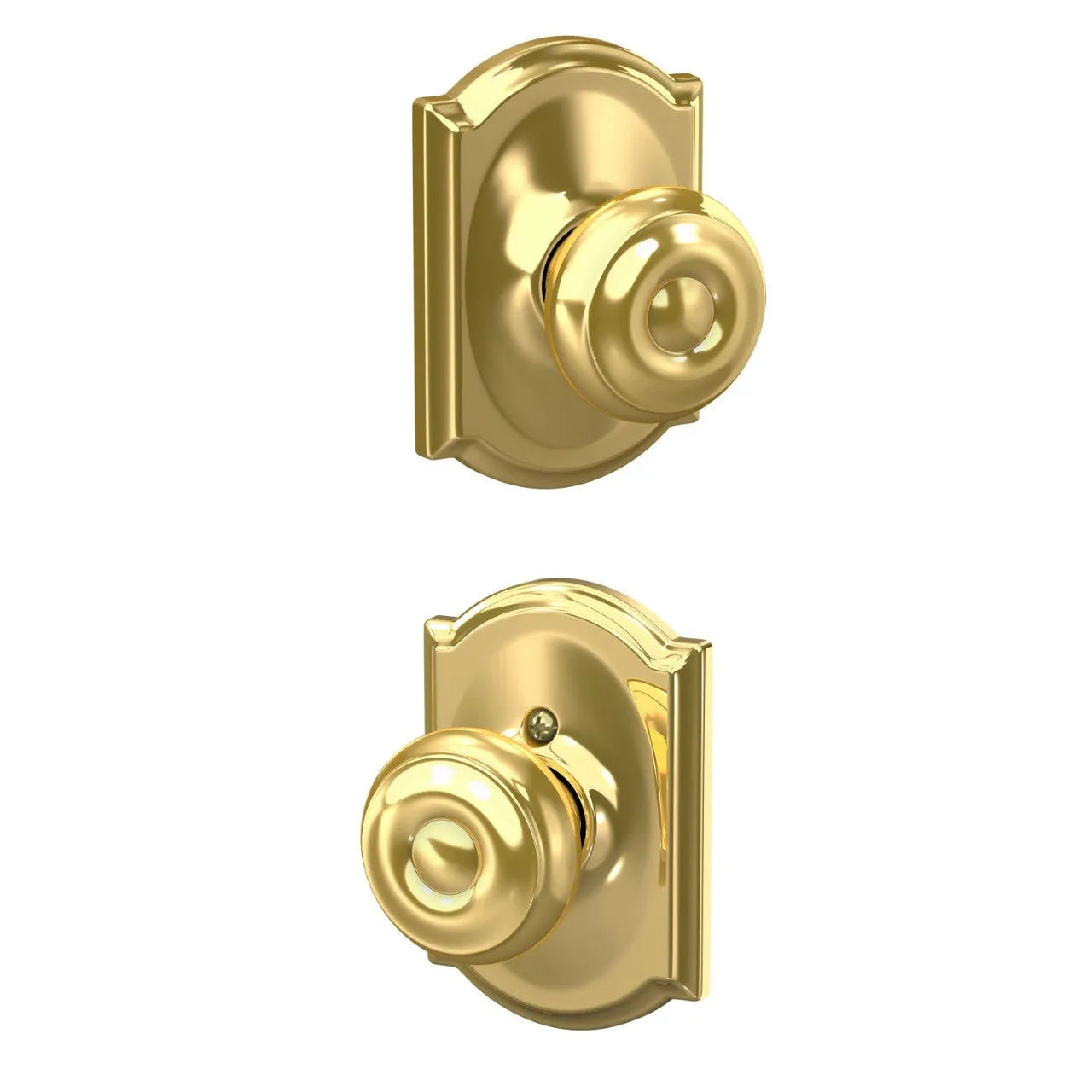 Schlage Georgian Knob with Camelot Rosette Bright Brass