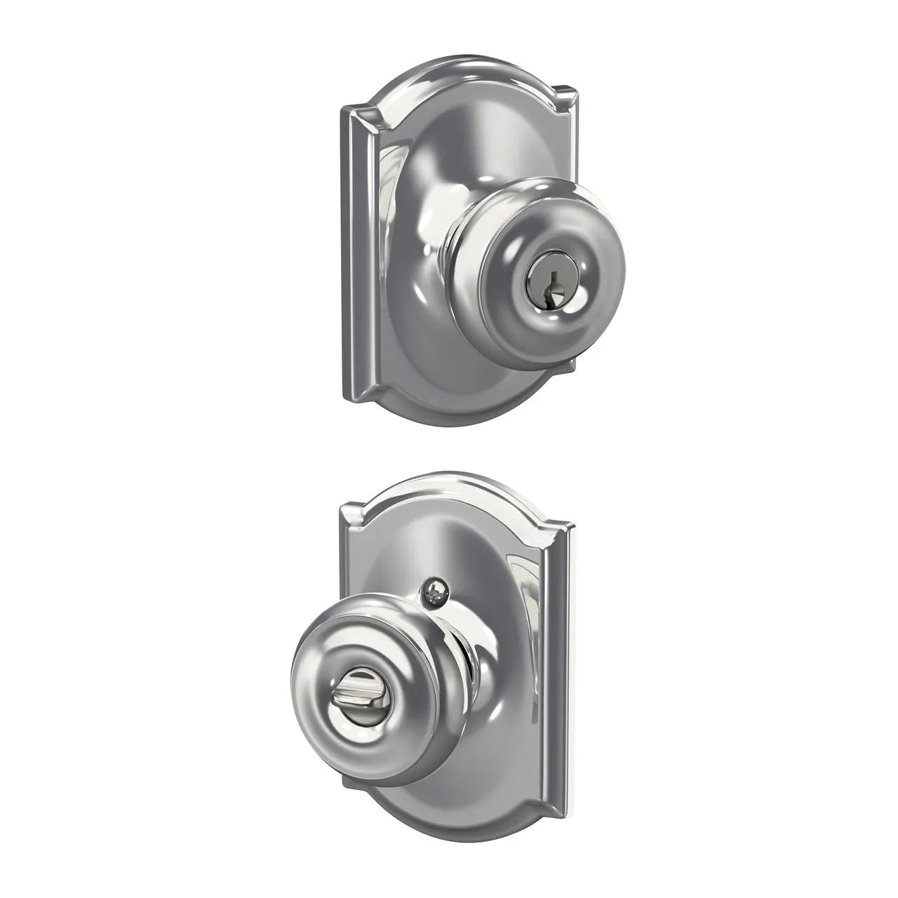 Schlage Georgian Knob with Camelot Rosette Bright Chrome