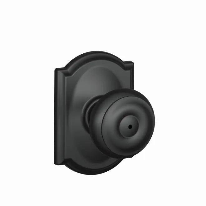 Schlage Georgian Privacy Knob With Camelot Rosette in Flat Black finish