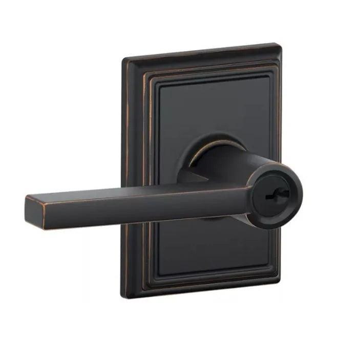 The Schlage Latitude Lever With Addison Rosette Keyed Entry Lock in Aged Bronze finish