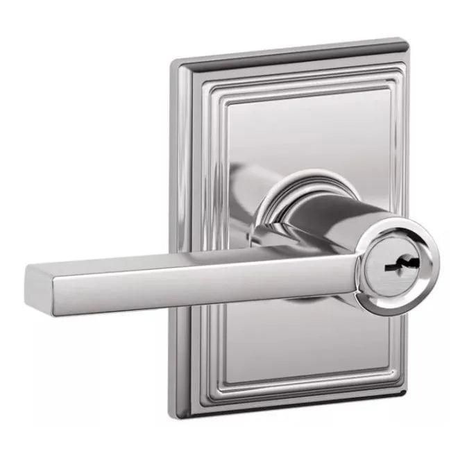 The Schlage Latitude Lever With Addison Rosette Keyed Entry Lock in Bright Chrome finish